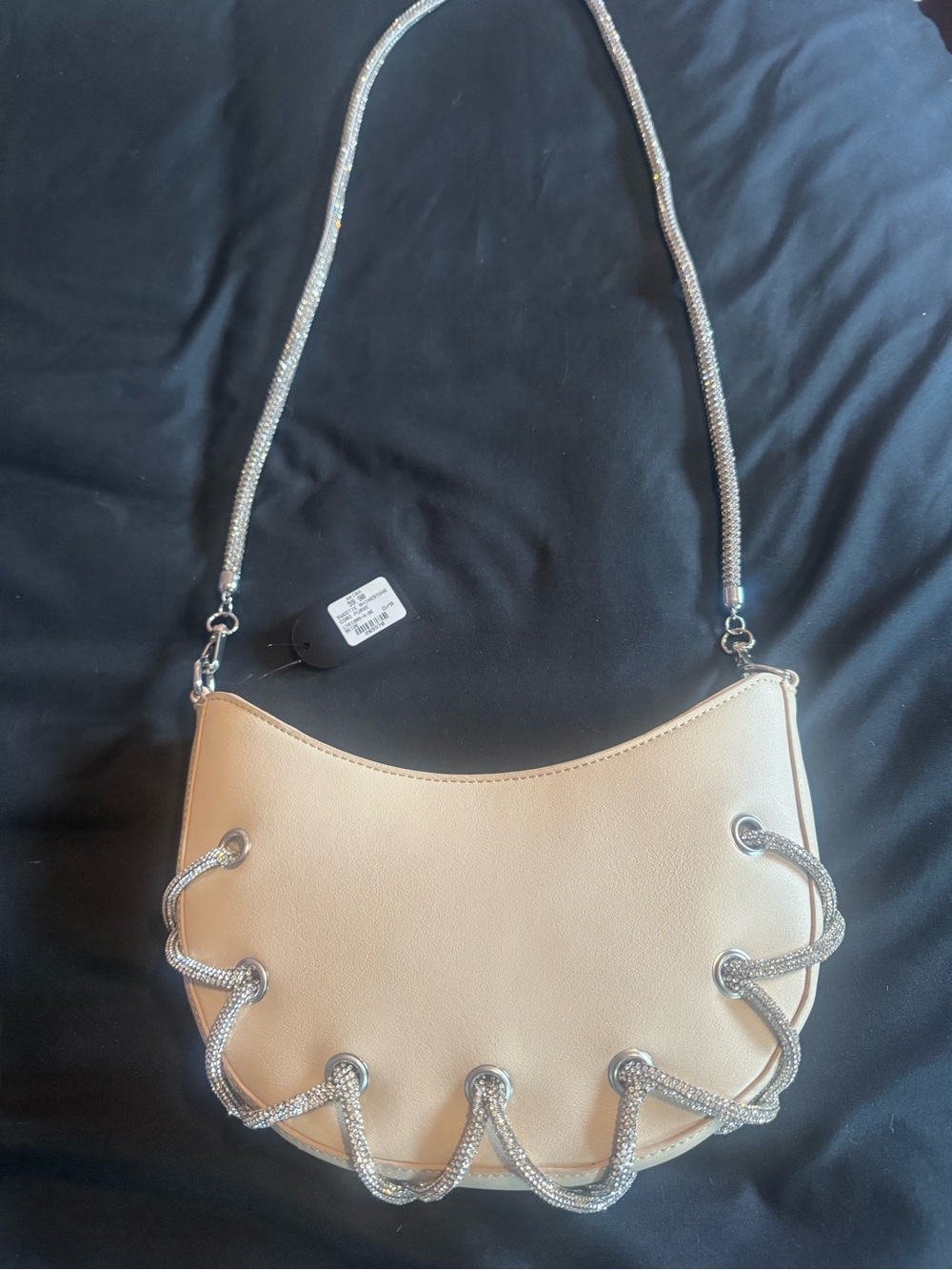Neutral Beige Shoulder Bag with Silver sparkle Rope Strap
